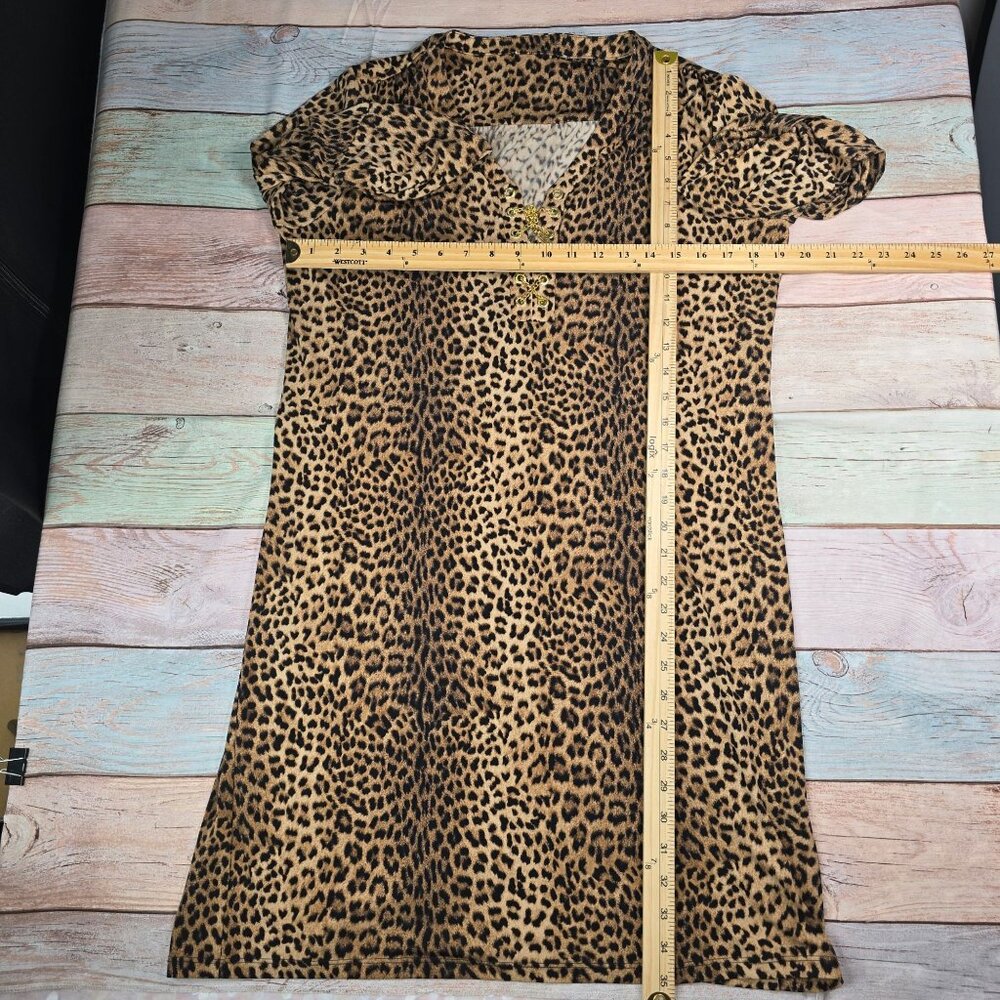 Michael Kors Sz 10 Leopard Print Slinky Stretch Dress Gold Chain Lace Up Detail - Picture 8 of 9